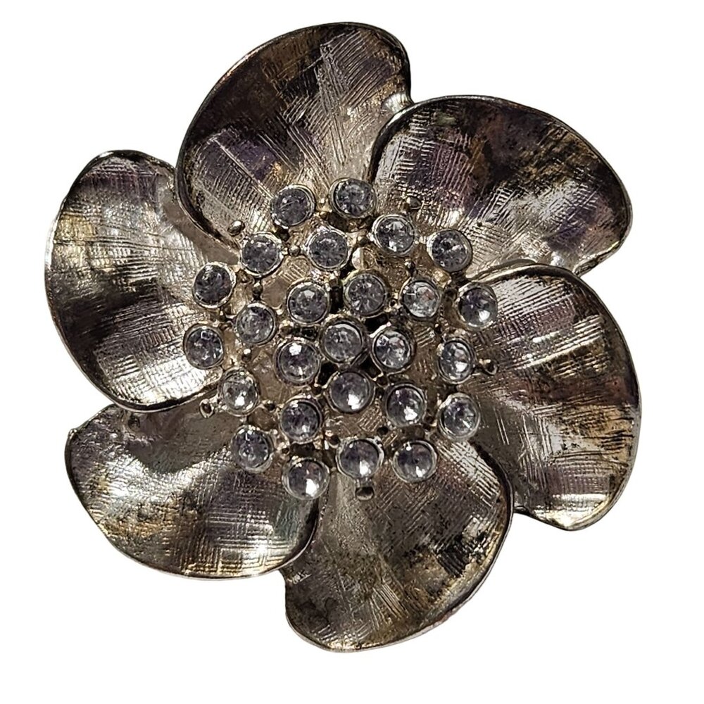 Vintage Flower Crystal Ring Silver Tone  Adjustable Band Retro Fashion Jewelry